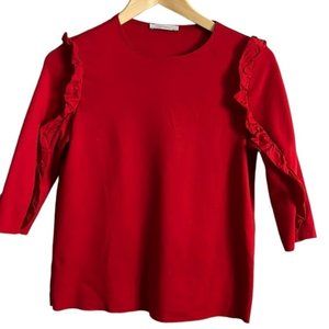 Zara red 3/4 sleeved cropped cotton crew neck ruffle detailed top